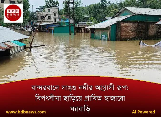 বান্দরবানে সাঙ্গু নদীর আগ্রাসী রূপ: বিপৎসীমা ছাড়িয়ে প্লাবিত হাজারো ঘরবাড়ি